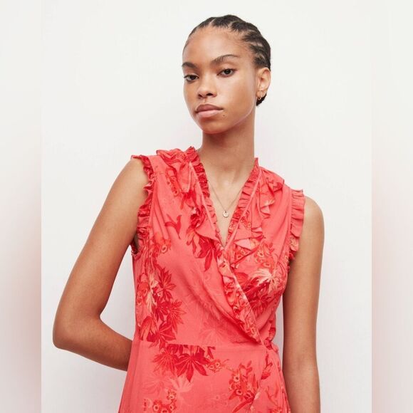 All Saints Ari Sleeveless Nila Mini Wrap Dress Orange and Pink Size 8 NWT - Picture 4 of 15